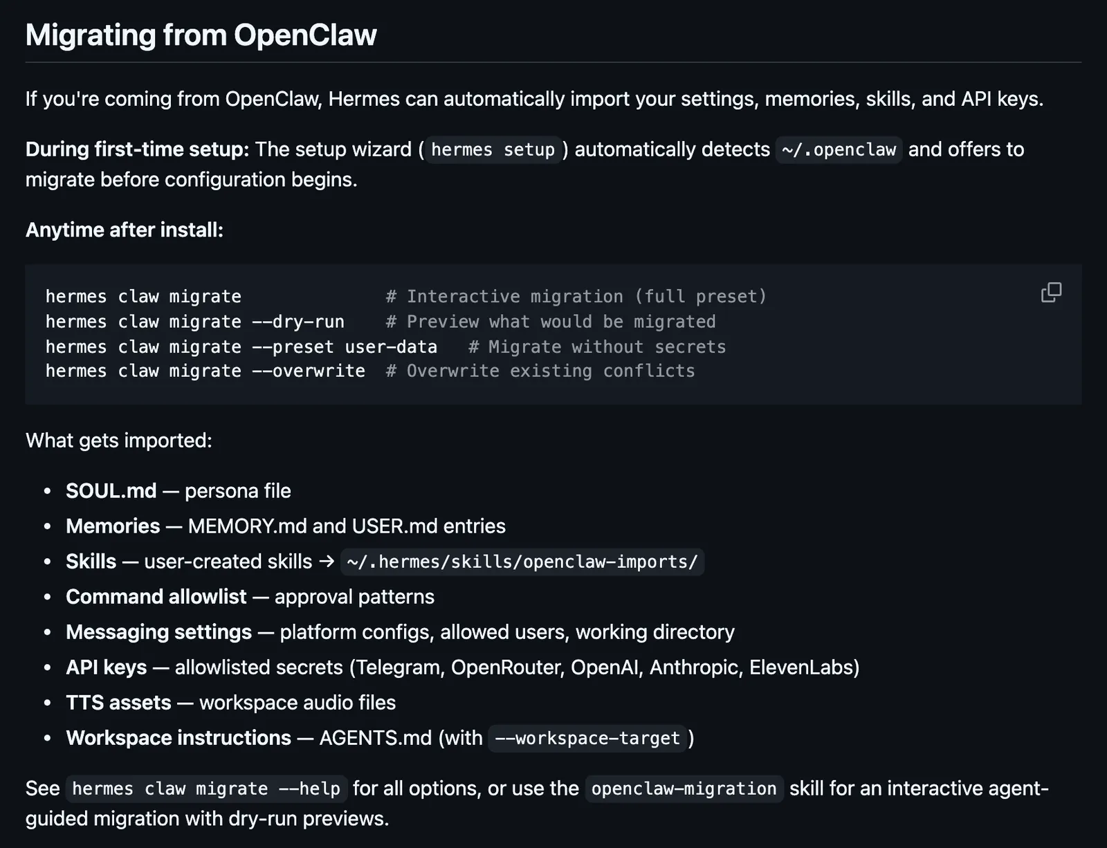 Hermes Agent README section Migrating from OpenClaw showing hermes claw migrate commands with dry run and a list of imported items including SOUL.md, memories, skills and API keys