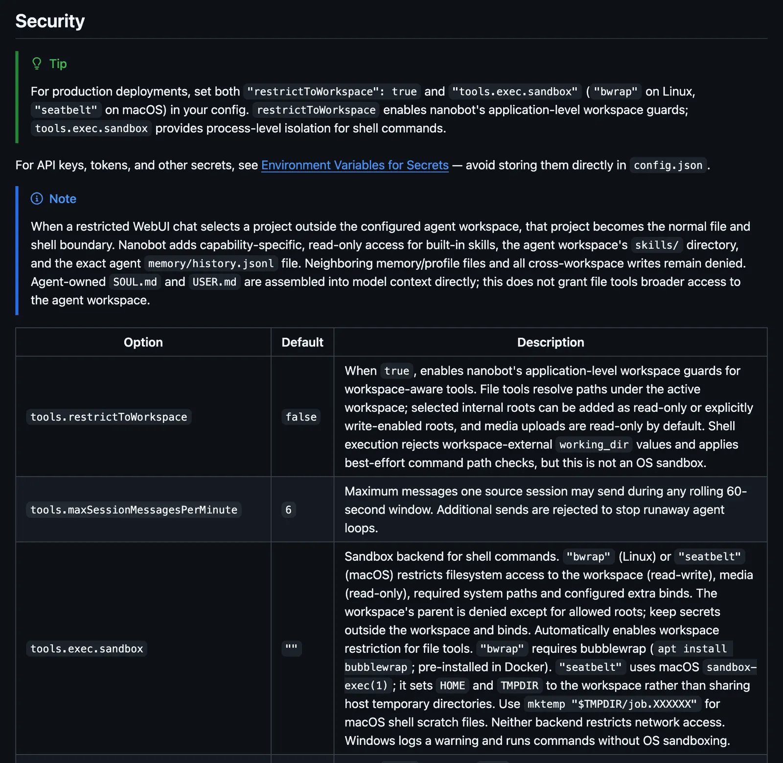 nanobot configuration docs Security section showing restrictToWorkspace defaults to false and tools.exec.sandbox defaults to an empty string, with a tip to enable both for production