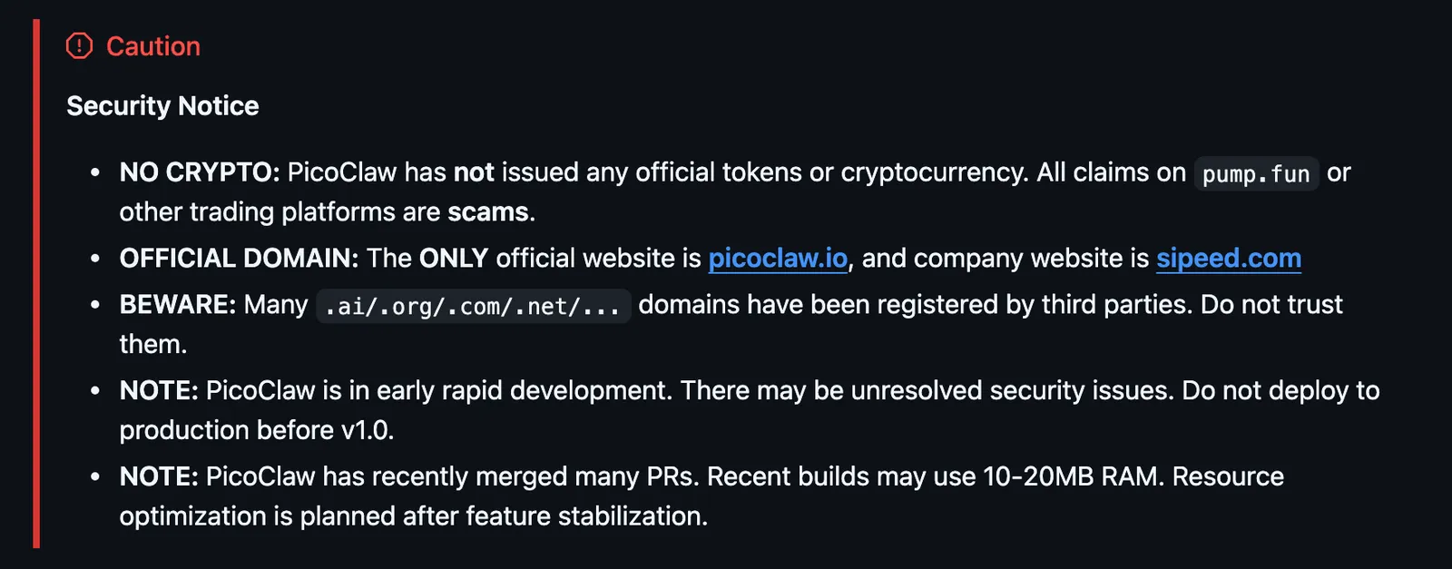 PicoClaw README security notice warning that the project is in early rapid development, may have unresolved security issues, and should not be deployed to production before v1.0