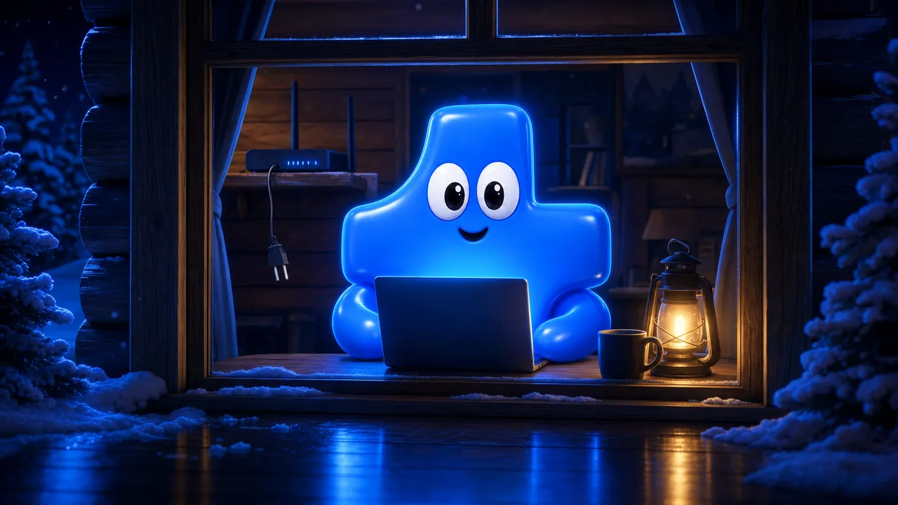 Atomic Agent mascot working on a laptop in a snowy cabin at night, the wifi router unplugged on the shelf behind