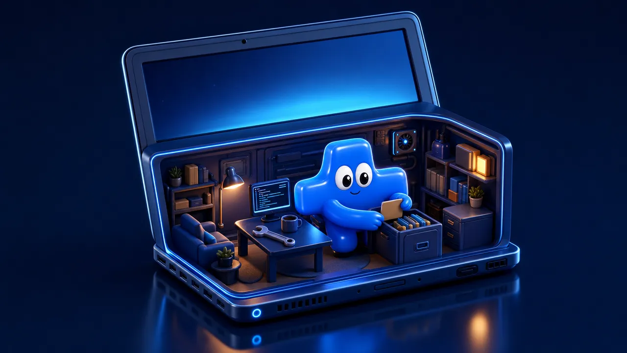 Atomic Agent mascot living and working in a tiny room inside a cutaway laptop